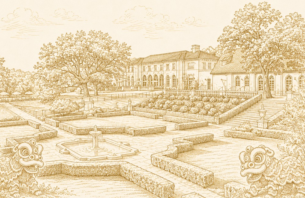 Illustration of the gardens at Commodore Perry Estate
